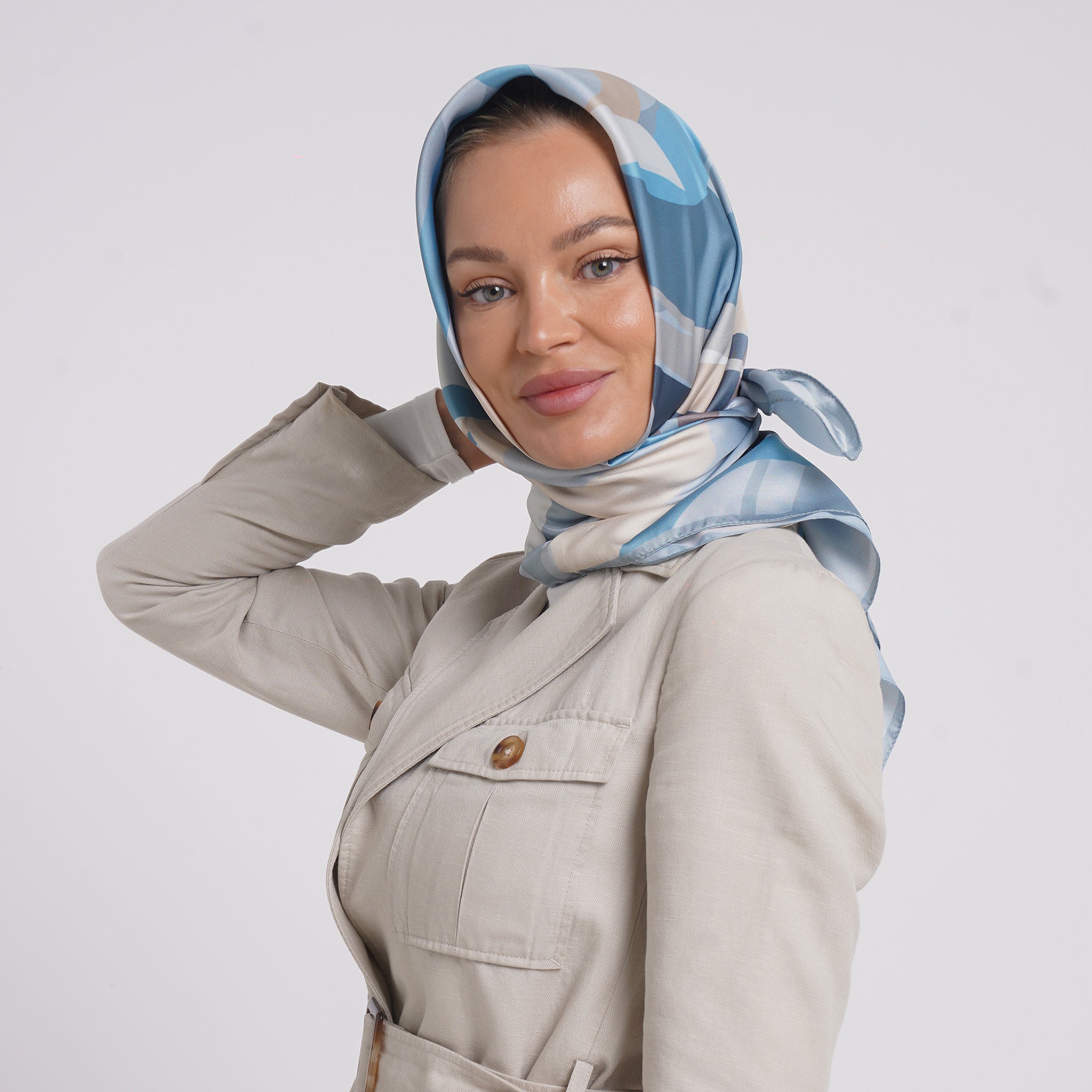 Satin Printed Esarp - Powder Blue Multi