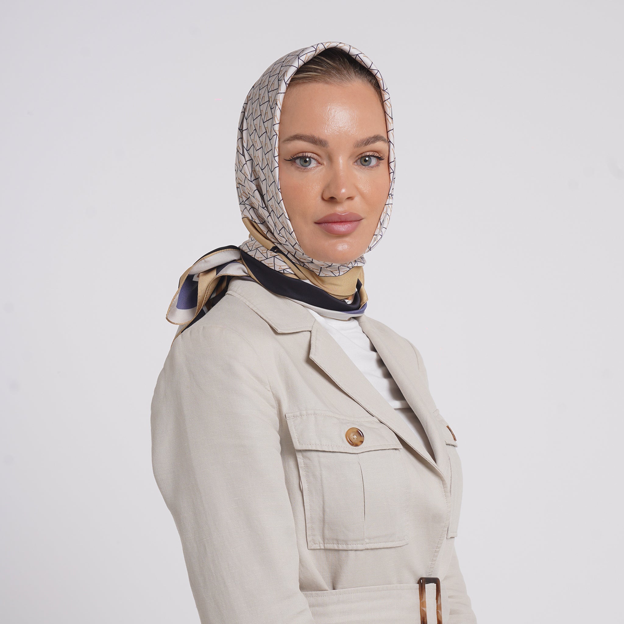 Satin Printed Esarp -Sand Beige Geometric Print