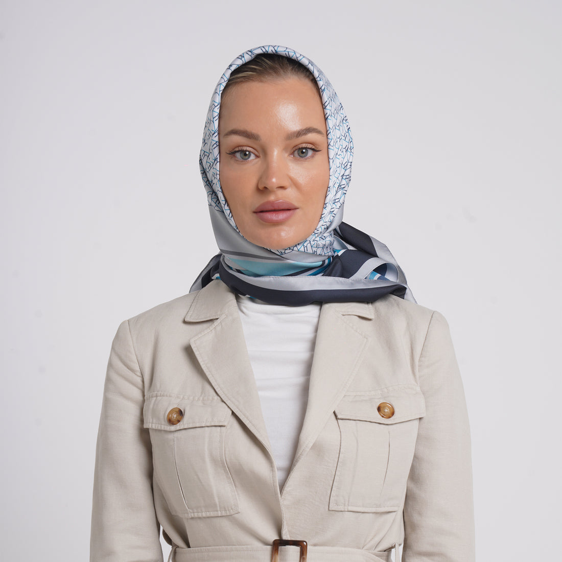Satin Printed Esarp - Cool Mist Blue Print