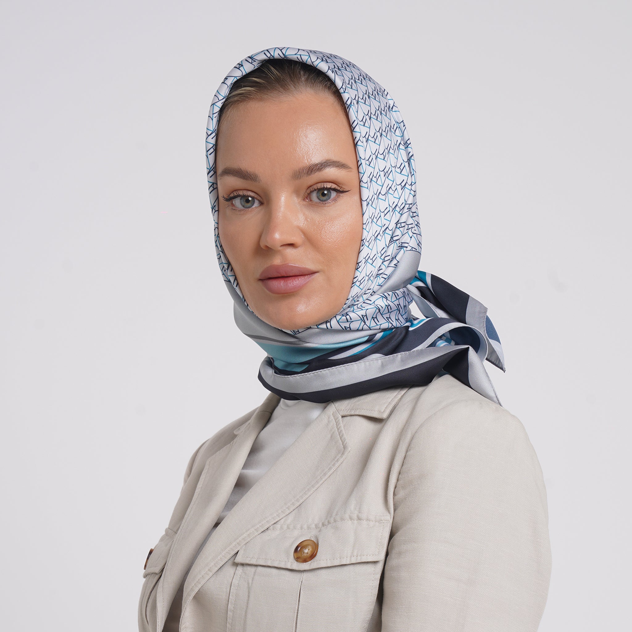 Satin Printed Esarp - Cool Mist Blue Print