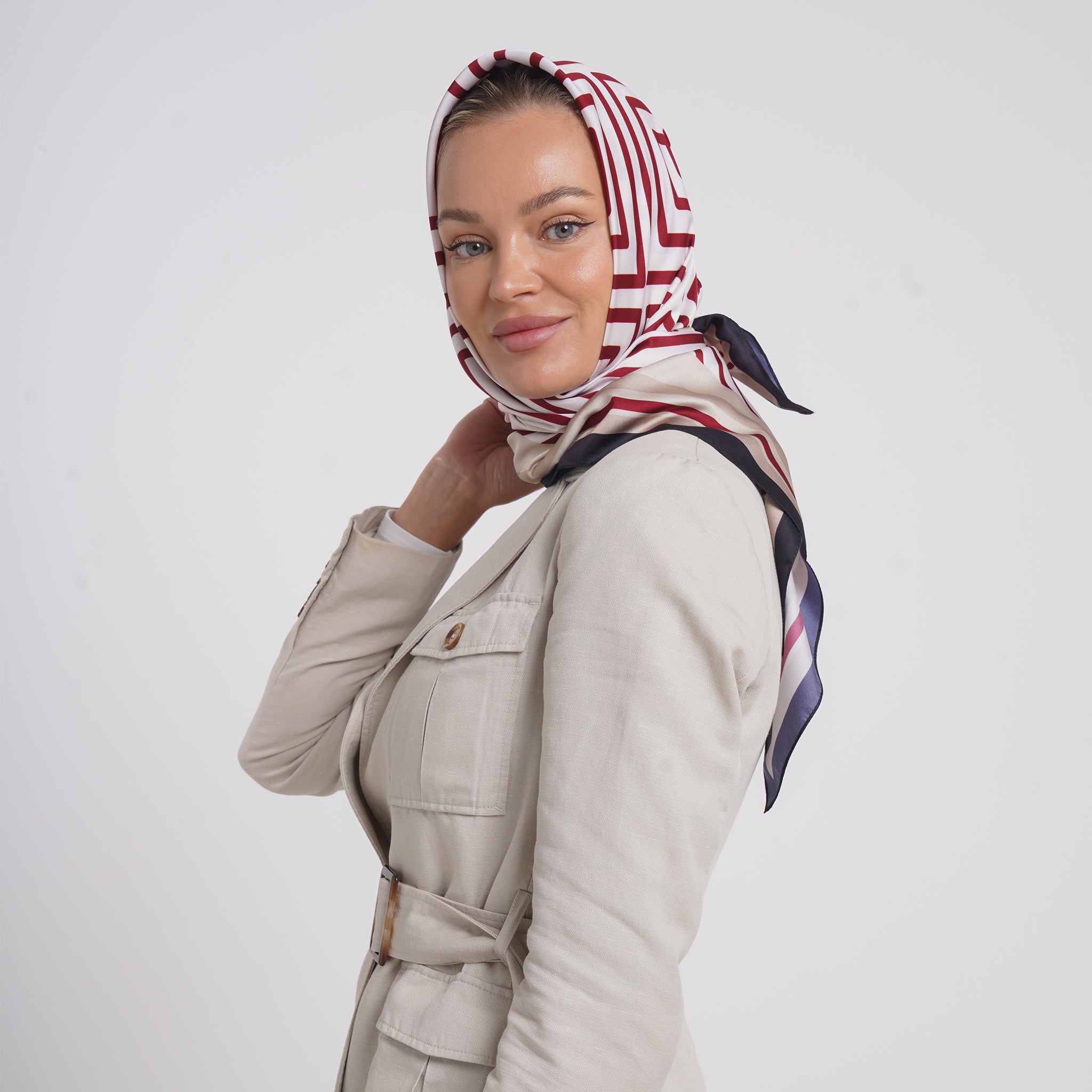 Satin Printed Esarp - Crimson Stripe Print
