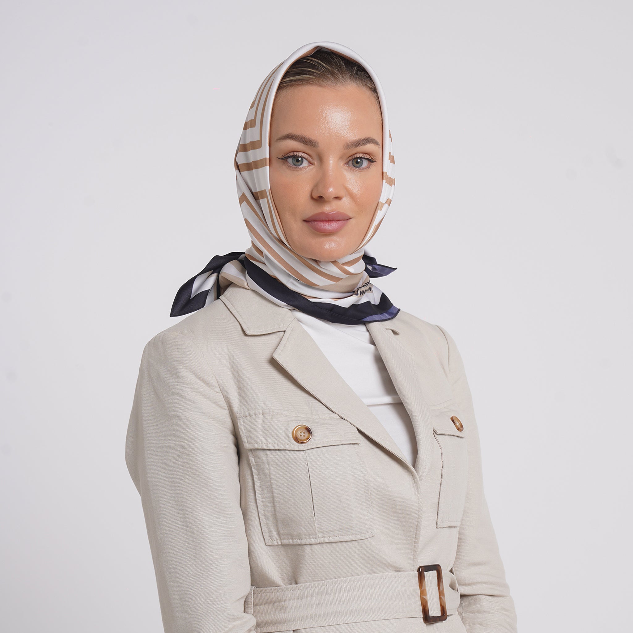 Satin Printed Esarp - Caramel Stripe Print